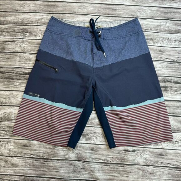 Volcom Men's Pull-On Swim Trunks Board Shorts 30 Blue Red Colorblock Zip Pocket - Picture 1 of 8
